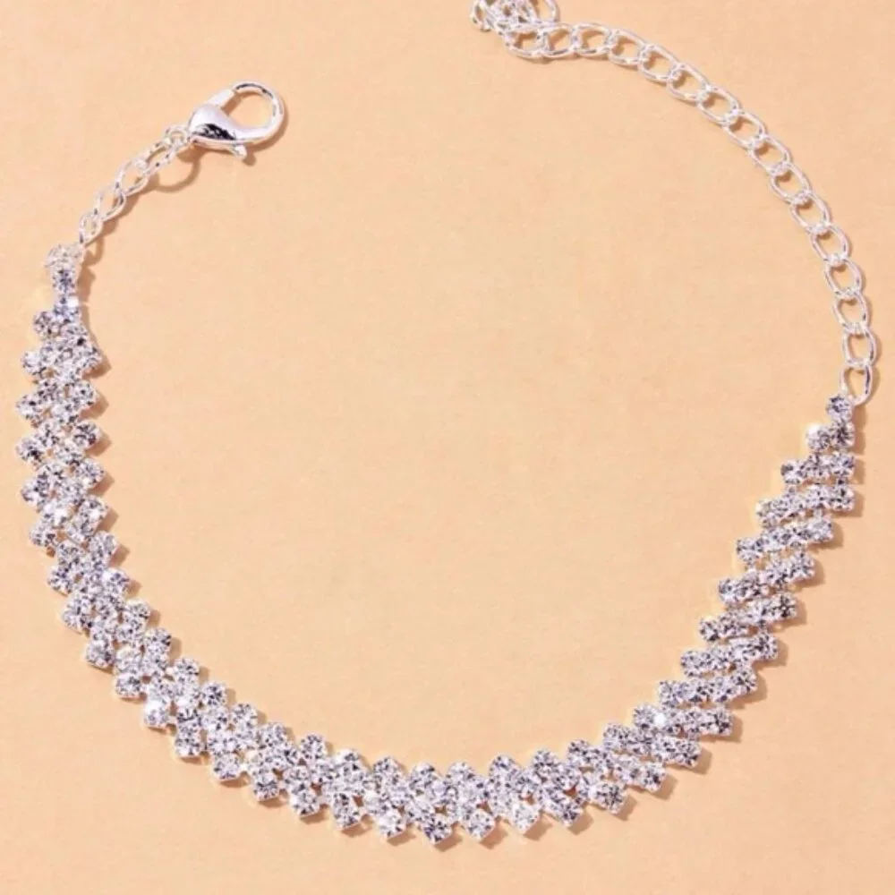 Silver Shiny Rhinestone Decor Anklet Luxury Gift For Loved One - Picture 2 of 3